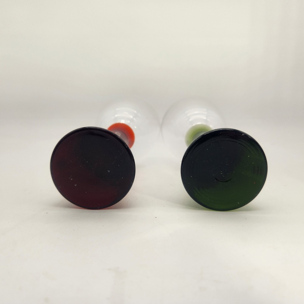 2 Danish Influenced Wine Goblets Green & Red Flared Stems Clear Bowls Vintage - Picture 7 of 7